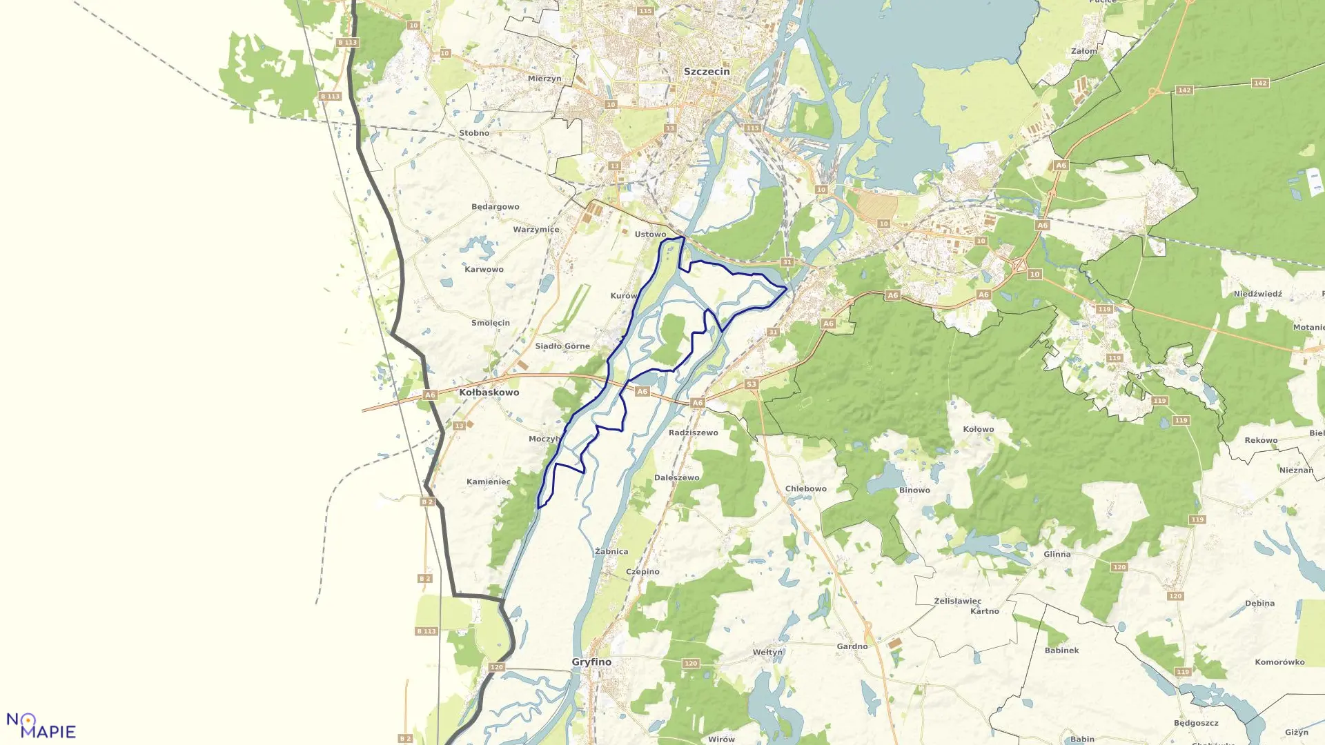 Mapa obrębu Międzyodrze w gminie Kołbaskowo